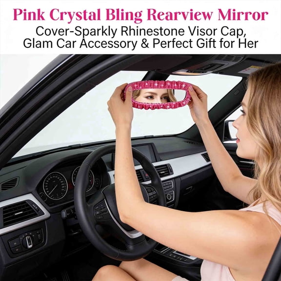 MKDAQIQIU Pink Crystal Bling Rearview Mirror Cover - Sparkly Rhinestone Visor Cap, Glam Car Accessory for Women, Easy Snap-on Decor