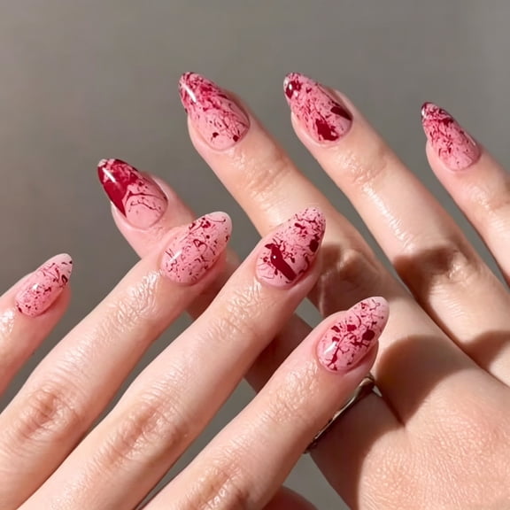 Pink Blood Drip Press on Nails Medium Almond Fake Nails Red Splatter Abstract Line Art Full Cover Adhesive Press Ons Glossy Acrylic False Nails Artificial Nail Tips DIY Manicure Set 30 Pcs