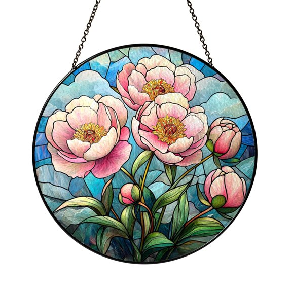 Pink Blooming Wildflowers and Clouds Stained Glass Style Round Window Suncatcher Decor, Soft Landscape Art Gift