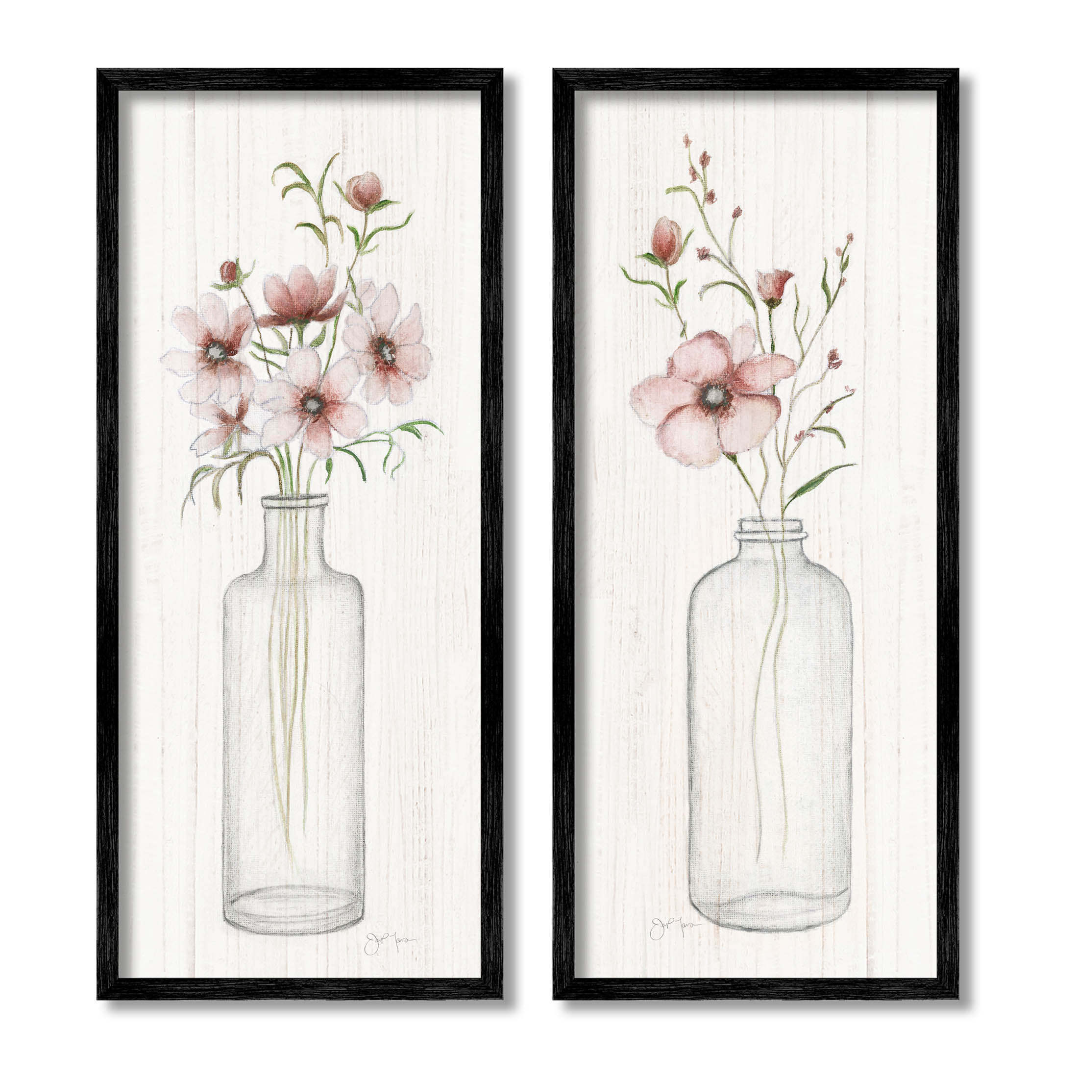 Pink Blooms Bouquet Arrangement Botanical & Floral Graphic Art Black Framed Art Print Wall Art, Set of 2