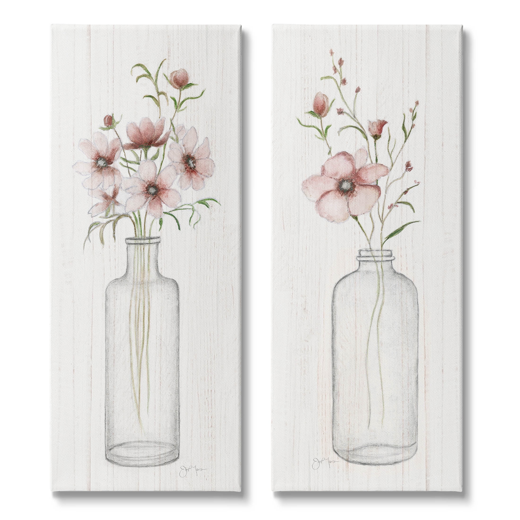 Pink Blooms Bouquet Arrangement Botanical & Floral Graphic Art Gallery Wrapped Canvas Print Wall Art, Set of 2