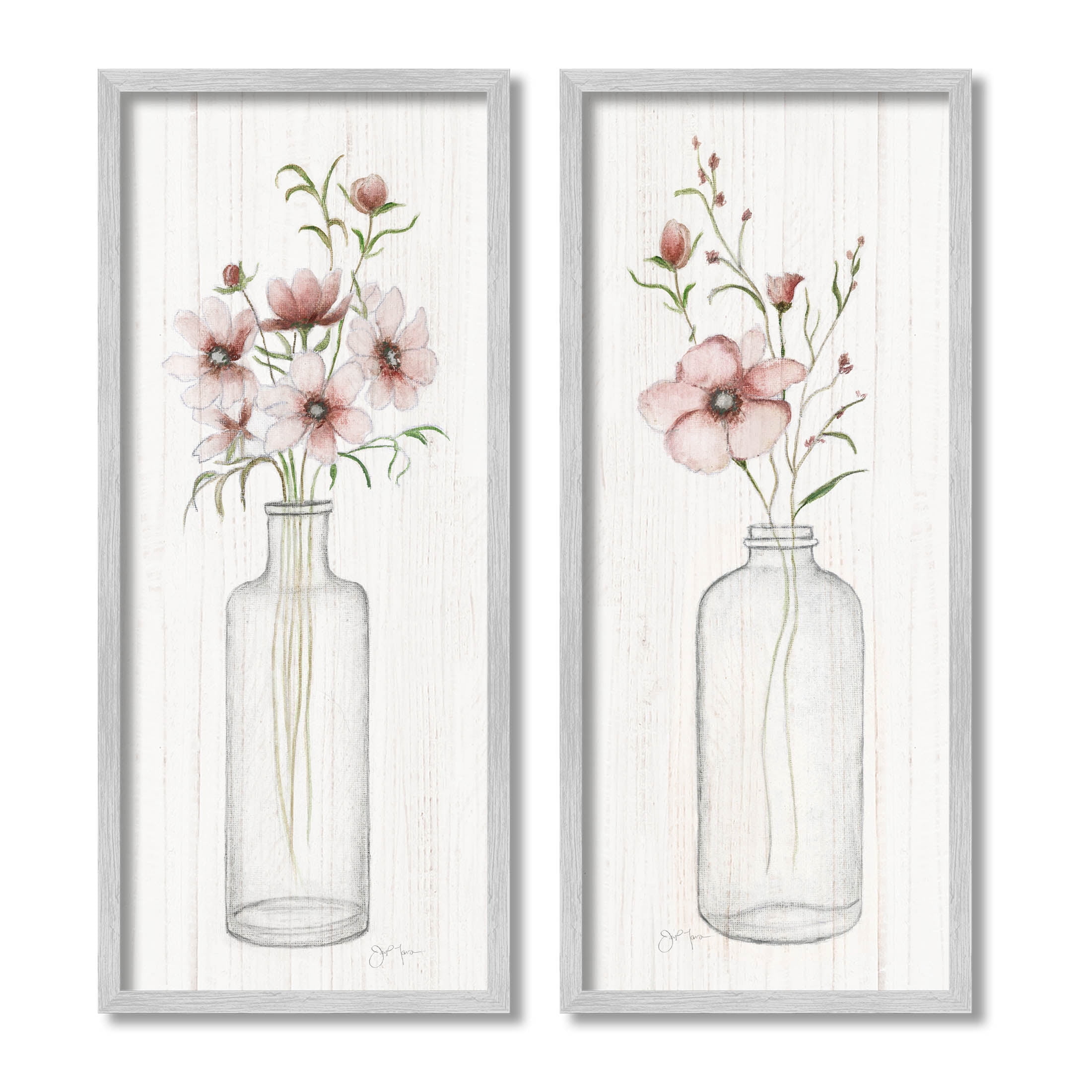 Pink Blooms Bouquet Arrangement Botanical & Floral Graphic Art Gray Framed Art Print Wall Art, Set of 2
