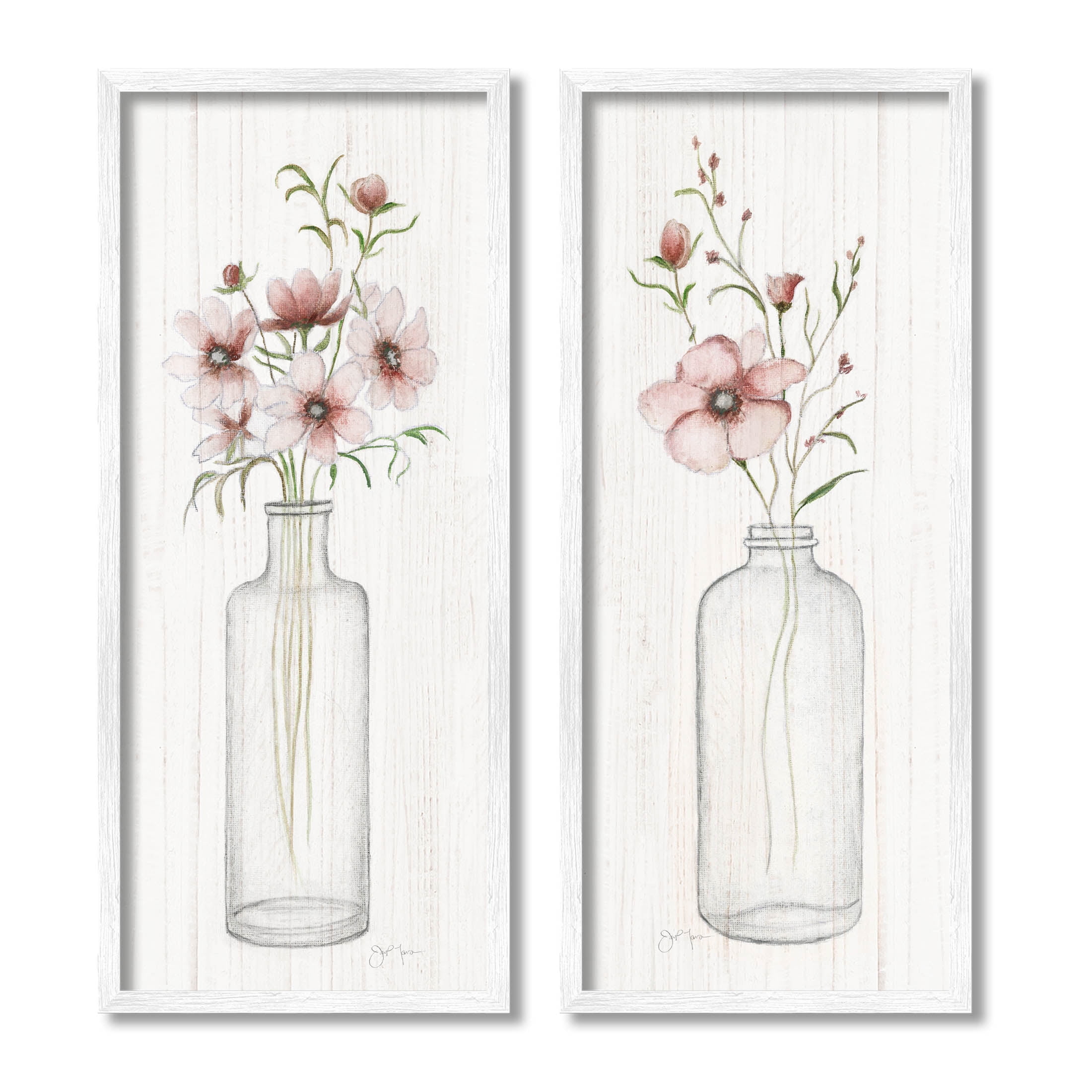 White Framed Pink Blooms Bouquet Arrangement Canvas Print Set