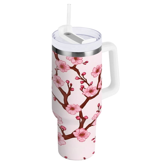 Pink Blossom Branches Insulated Tumblers 40oz Double-Walled Stainless Steel Water Bottles Car Handle