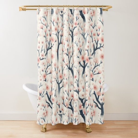 Pink Blossom Branches Shower Curtain, Off-White and Charcoal, 100% Polyester, Botanical Style