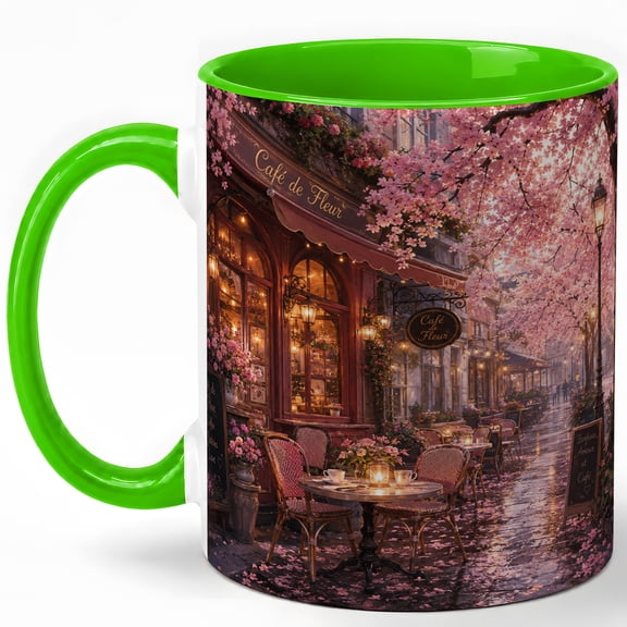 Pink Blossom Cafe Street 11oz Ceramic Mug, Romantic Spring City Coffee Cup