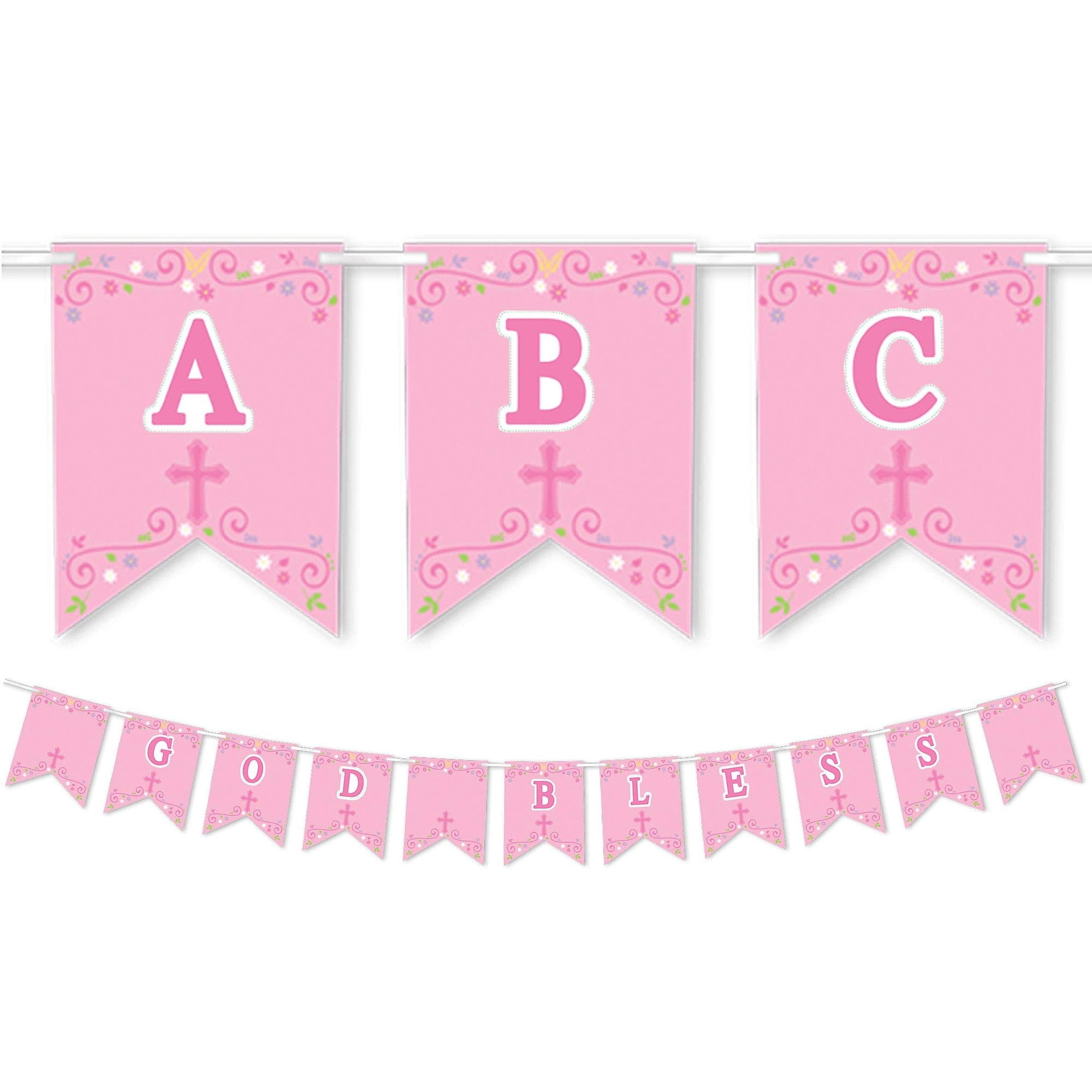 Personalized Pink First Communion Pennant Banner Kit - 24 Paper Flags, 120 Stickers, 26 Ft Ribbon