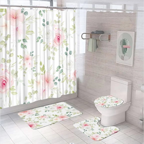Pink Blossom Flower Shower Curtains Set With Rug Lid Toilet Cover Bath Mat Watercolor Abstract Floral Bathroom Curtain Polyester