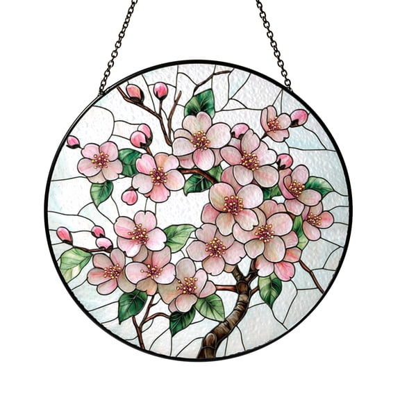 Pink Blossom Flower Stained Glass Suncatcher Window Hanging, Floral Branch Decorative Glass Panel Art for Window Decor, Botanical Stained Glass Style Ornament, Spring Nature Window Hanging Decor