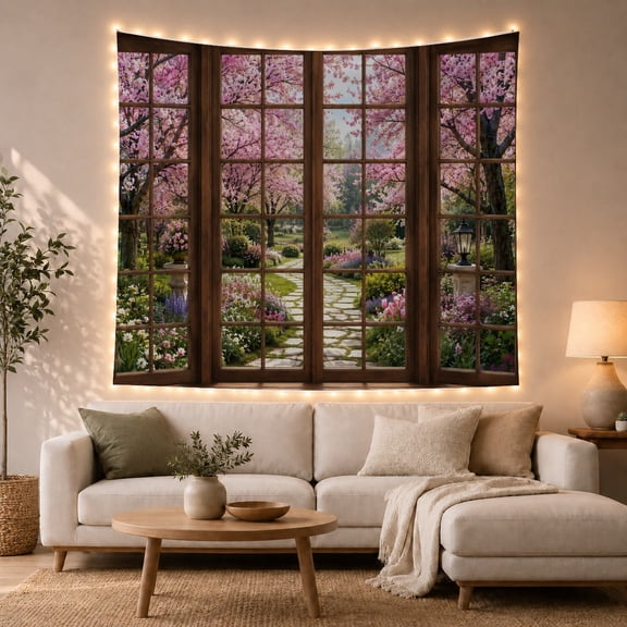 Pink Blossom Garden Through a Dark Wood Window with Winding Stone Path and Tall Trees, Serene Garden Style, Home Decor Enthusiasts, Thoughtful Gift, Bedroom or Living Room, Tapestry and Wall Hanging