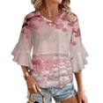 thumbnail image 1 of Pink Blossom Tree On Checkered Floor Women's V-Neck Blouse With 3/4 Ruffled Bell Sleeves Casual Top Ladies Blouses, 1 of 7
