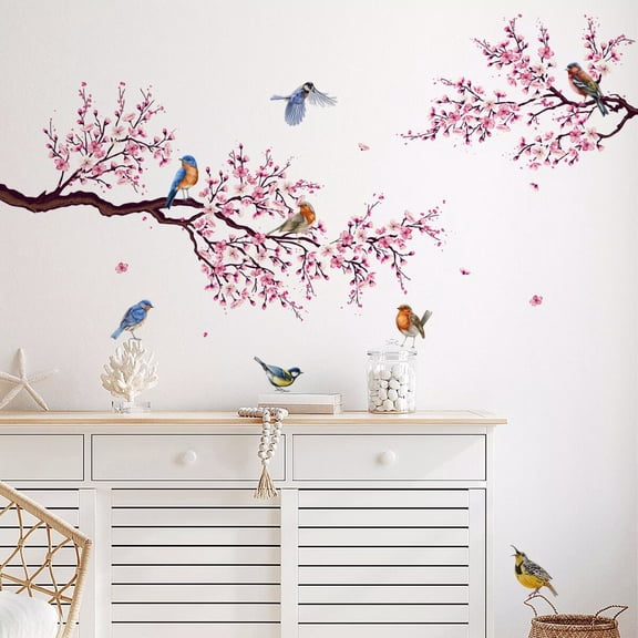 Pink Blossom Tree Wall Decals Birds on Branch Wall Stickers Pink Floral Wall Decor Flower Wall Decals for Bedroom Living Room Girls Room Nursery Office(Pink Blossom Tree)