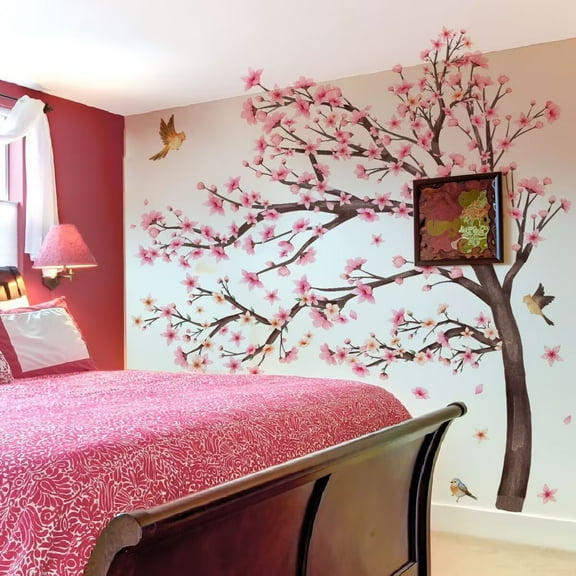 Pink Blossom Tree Wall Decals Birds on Branch Wall Stickers Pink Floral Wall Decor Flower Wall Decals for Bedroom Living Room Girls Room Nursery Office(Pink Blossom Tree)