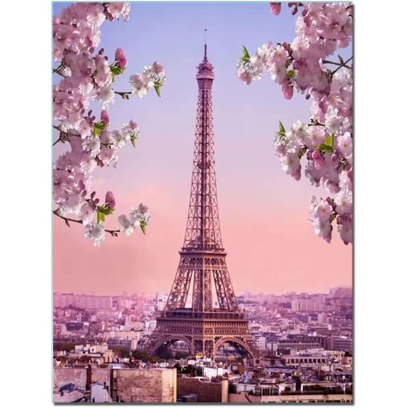Pink Blossoming Paris Street Eiffel Tower Ronmance Living Room Wall Art Landscape Canvas Print for Home Decor Framed Blossoming Paris Artwork Girl Bedroom Decorations 12x16inch