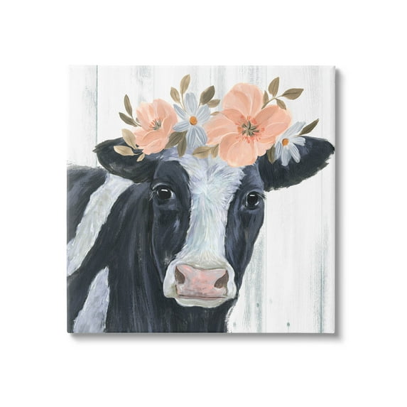 Pink Blossoms Cow Portrait Animals & Insects Graphic Art Gallery Wrapped Canvas Print Wall Art