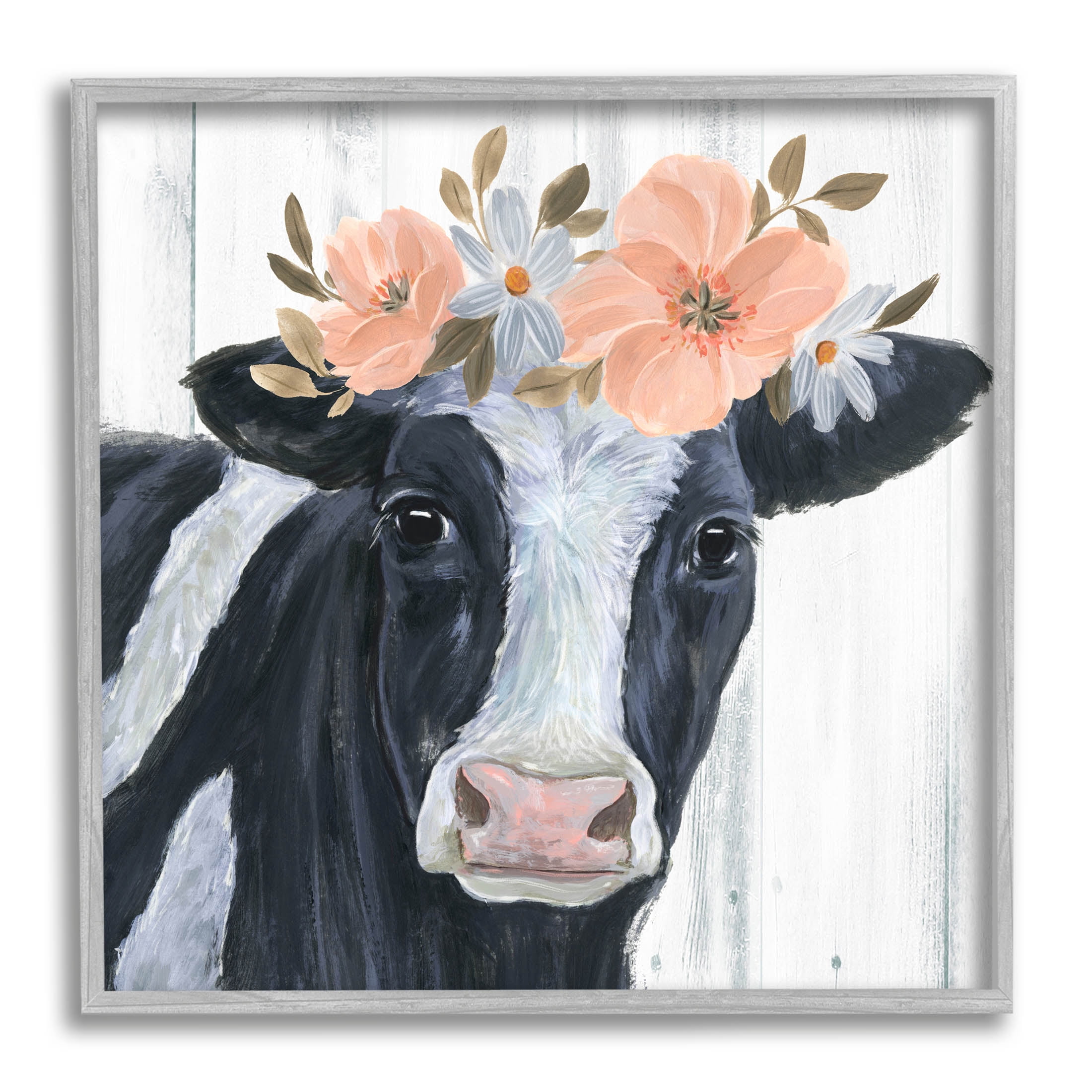 Pink Blossoms Cow Portrait Animals & Insects Graphic Art Gray Framed Art Print Wall Art