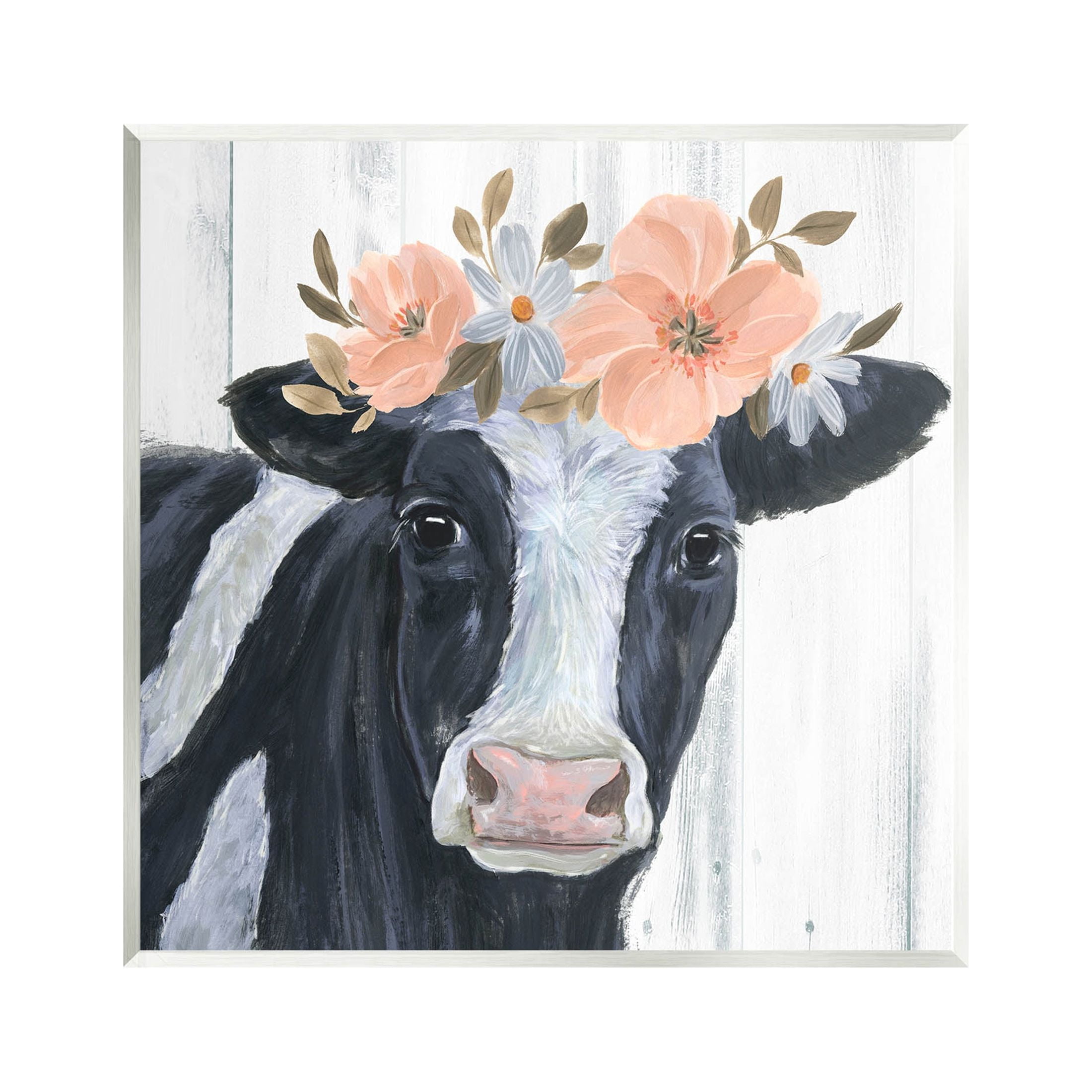 Pink Blossoms Cow Portrait Animals & Insects Graphic Art Unframed Art Print Wall Art