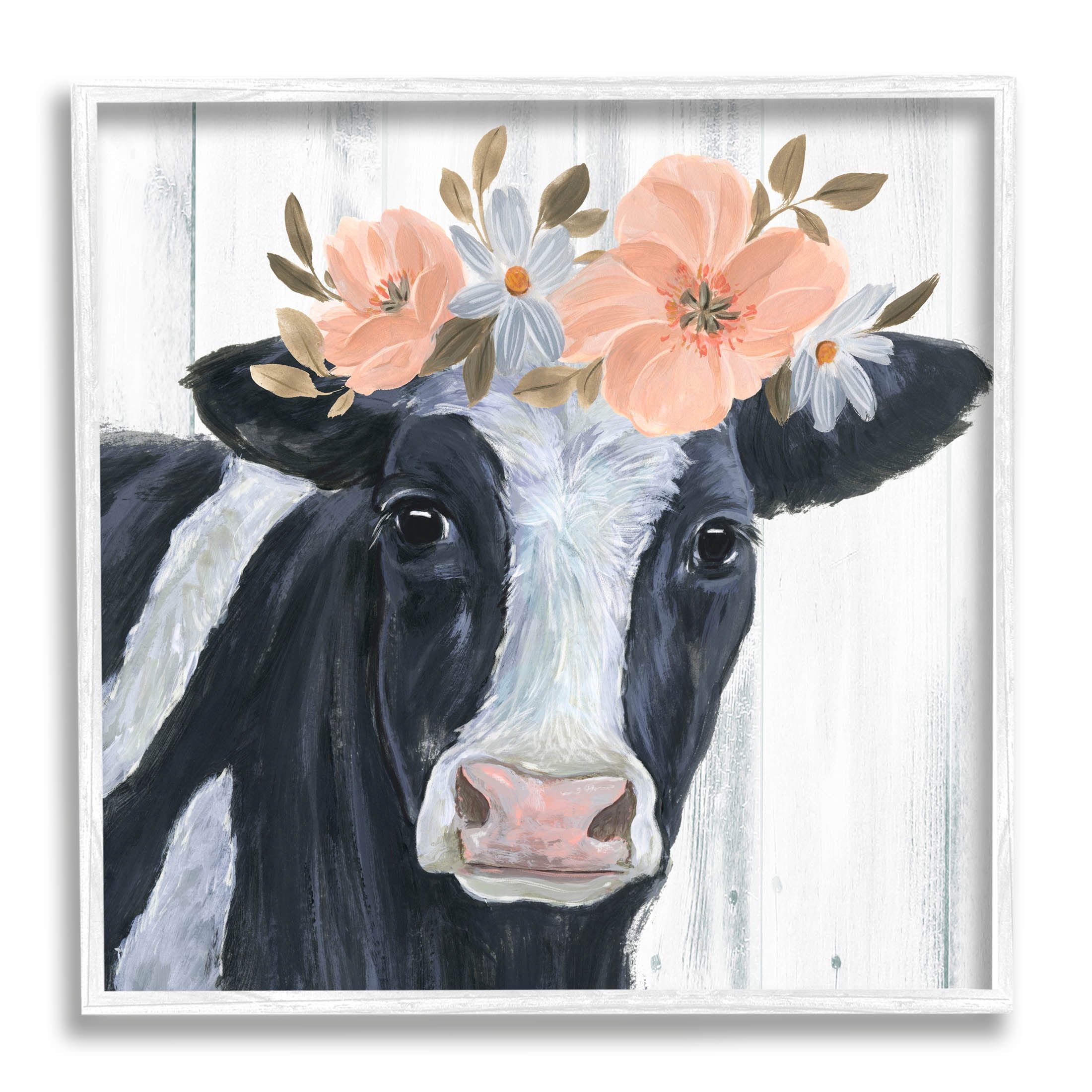 Pink Blossoms Cow Portrait Animals & Insects Graphic Art White Framed Art Print Wall Art