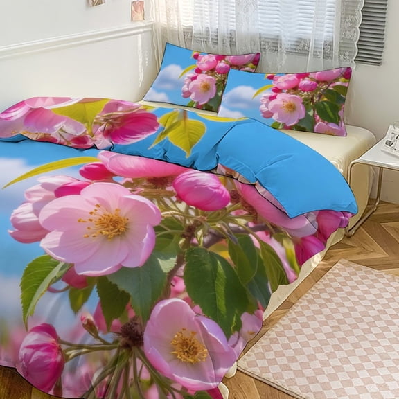 Pink Blossoms on Blue Sky Bedding Set Couple Bedclothes Pillowcase Customized Home Textiles Bed Set for Bedroom Decoration