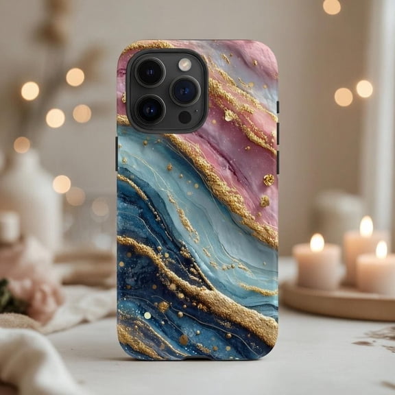 Pink & Blue Abstract Marble Case - Luxury Gold Vein Fluid Art Designed for iPhone 17, 16, 15, 14, 13 Tough Protective Cover