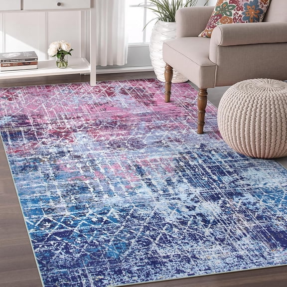 Pink Blue Abstract Washable Area Rugs For Bedroom Girls, Preppy Large Boho Colorful Rug For Living Room Dining Room, Non Slip Modern Pastel Carpet For Nursery Girls Room Playroom 2x3ft