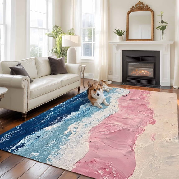 Pink Blue Area Rugs 5x7 ft Beige Gradient Ocean Wave Abstract Beach Coastal Washable Rug Non Slip Indoor Carpet Absorbent Floor Mat for Living Room Bedroom Dining Room