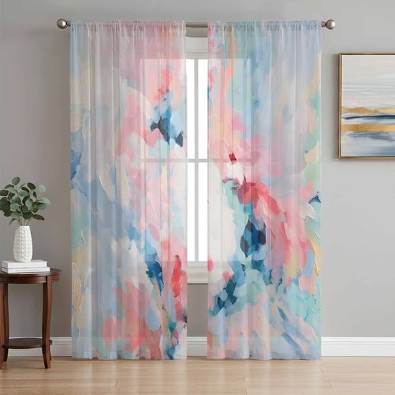 Pink Blue Art Sheer Curtains 72 Inch Length 2 Panels Set, Modern Abstract Art Voile Window Treatment Rod Pocket Curtains Sheers Drapes for Bedroom/Living Room/Kitchen 52"x72"x2