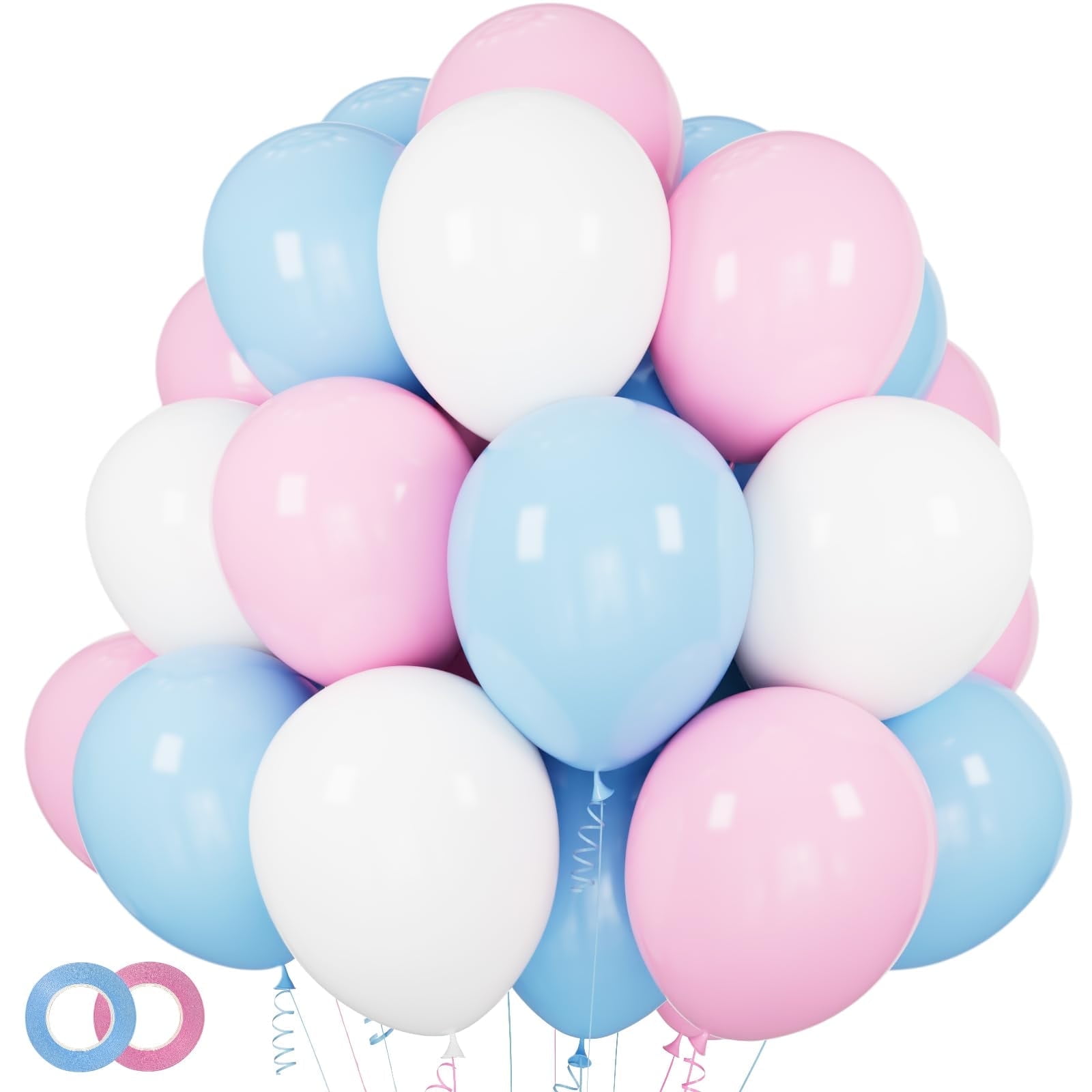 Pink and Blue Balloons 100 Pack 12 inch Pastel Pink Blue White Latex Party Balloons with 65ft Ribbon for Gender Reveal Baby Shower Birthday Bridal Shower Wedding Party Decorations Supplies