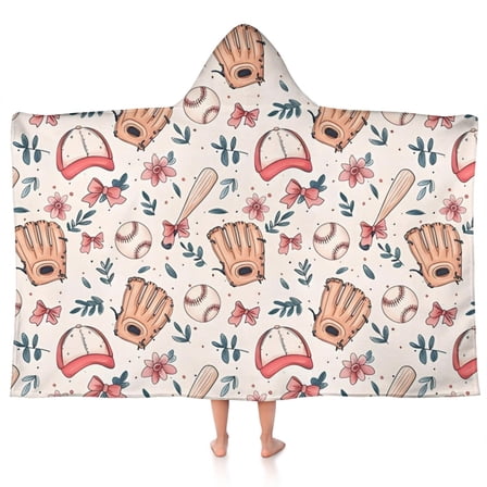 Pink and Blue Baseball Items Pattern Hooded Bath Towel，50"x30" for Ages 3 To 12 Kids, Quick Dry Lightweight Soft Microfiber Hood Beach Towel Cover Up for Kids