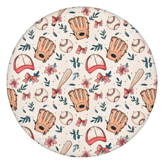 Pink and Blue Baseball Items Pattern Round Fitted Tablecloth with Elastic Edge,Dining Table Cover Waterproof,Outdoor Round Tablecloth for Camping,Dining,Indoor and Outdoor