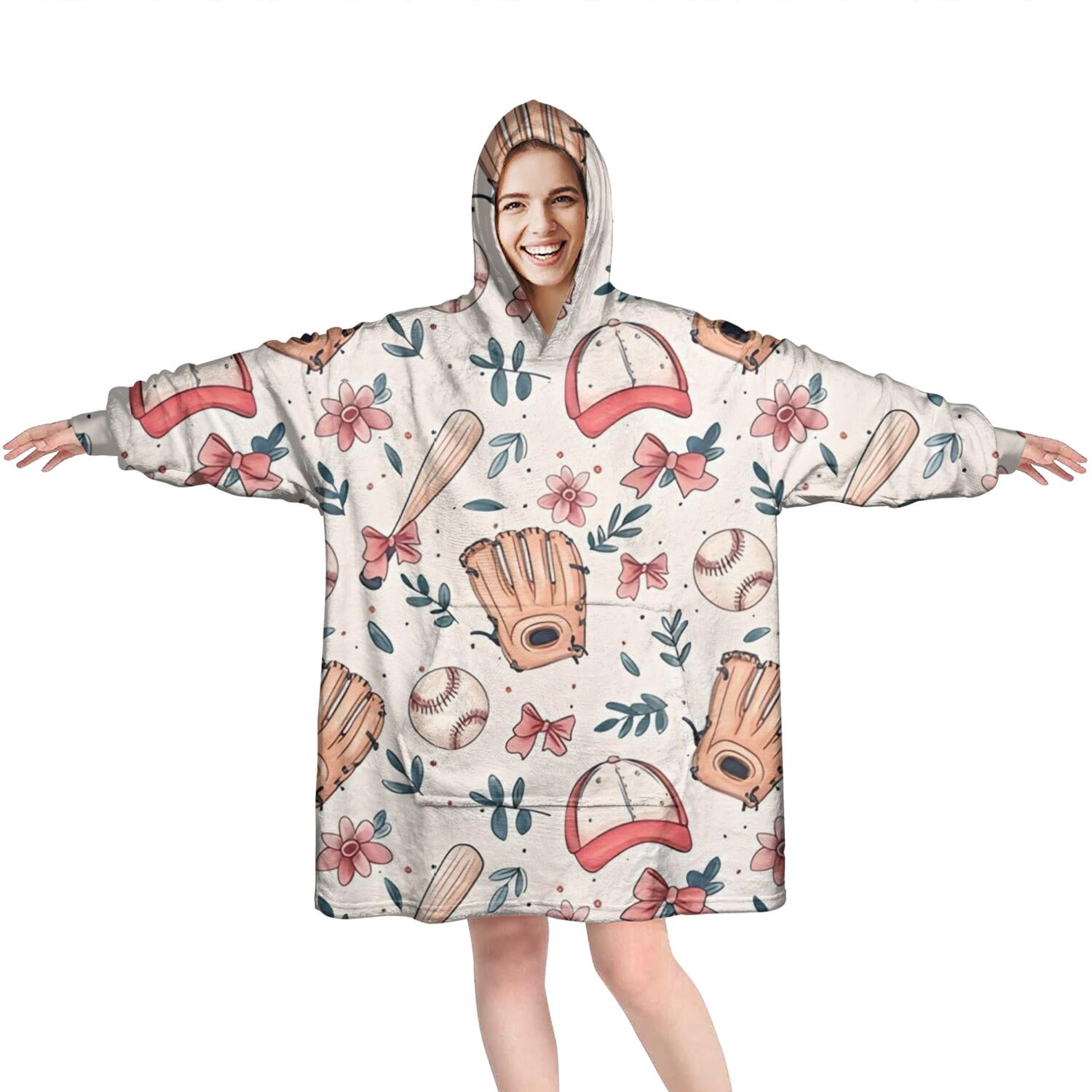Pink and Blue Baseball Items Pattern Wearable Oversized Blanket,Wearable Blanket Hoodie for Adults,Cozy Hooded Blankets with Super Pockets,Super Warm Fuzzy Pullover for Women & Men