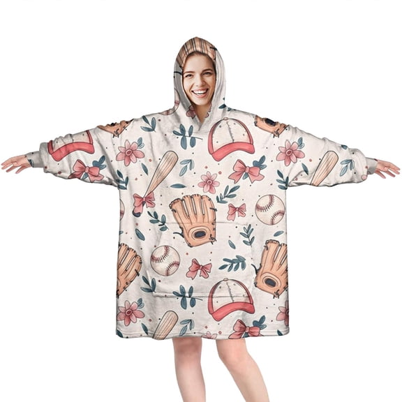 Pink and Blue Baseball Items Pattern Wearable Oversized Blanket,Wearable Blanket Hoodie for Adults,Cozy Hooded Blankets with Super Pockets,Super Warm Fuzzy Pullover for Women & Men
