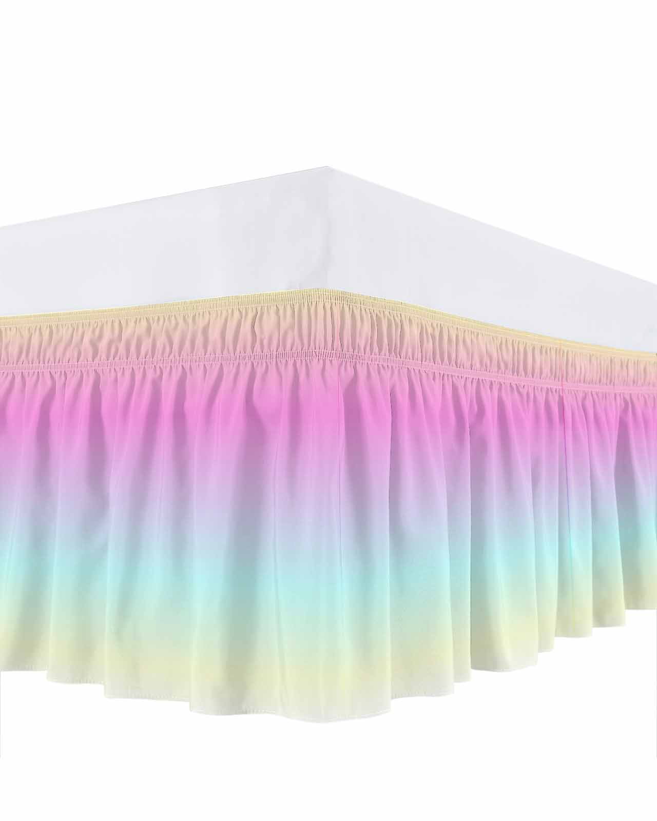 Pink Blue Bed Skirt King Size 16" Drop Purple Yellow Gradient Ruffled Wrap Around Bed Skirts Adjustable Elastic Bedskirt Dust Ruffle for King Size Bed