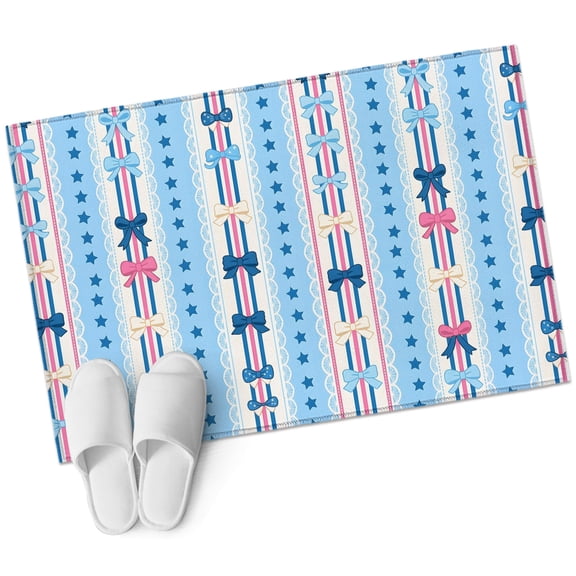 Pink Blue Bowknot Washable Small Entryway Area Rugs 2'x3', Cute Pink Blue Beige Bowknot Star Ribbon Low Pile Throw Rug Non-Slip Sturdy Edge Binding Carpet for Front Door Floor Room Entry