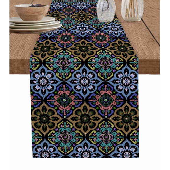 Pink Blue Brown Green Boho Burlap-Cotton Table Runner 72 Inches Long,Ethnic Abstract Geometric Art Farmhouse Table Runners,Outdoor Dining Tablecloths Decor for Baby Shower Party Wedding 13x72
