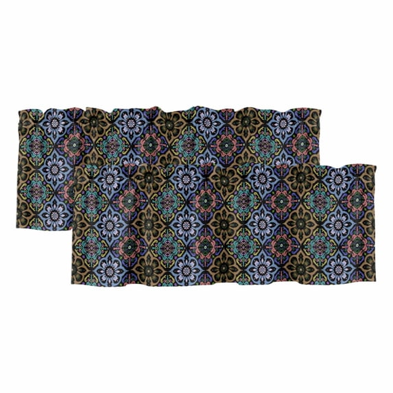 Pink Blue Brown Green Boho Curtain Valances for Windows, Kitchen Valance Window Treatments Panel 2 Pack, Ethnic Abstract Geometric Art Rod Pocket Short Curtains for Bathroom Bedroom 42 x 18 Inch