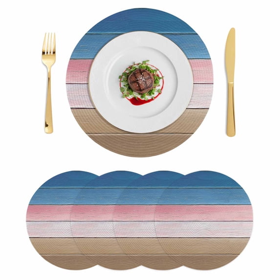 Pink Blue Brown Round 13 Inch Placemats Set of 4, Farmhouse Gradient Wooden Plank Art HeatResistant Non Slip Place Mats for Dining Table, Wipeable Braided Kitchen Table Mats for Housewarming