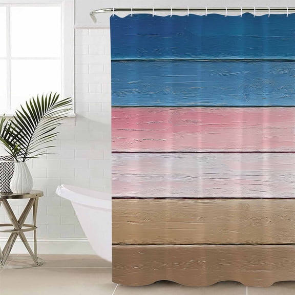 Pink Blue Brown Shower Curtain Set, Waterproof Shower Curtains for Bathroom, Farmhouse Gradient Wooden Plank Art Washable Fabric Cloth Bath Curtain for Bathtub Decoration with Hooks 48x72 Inches