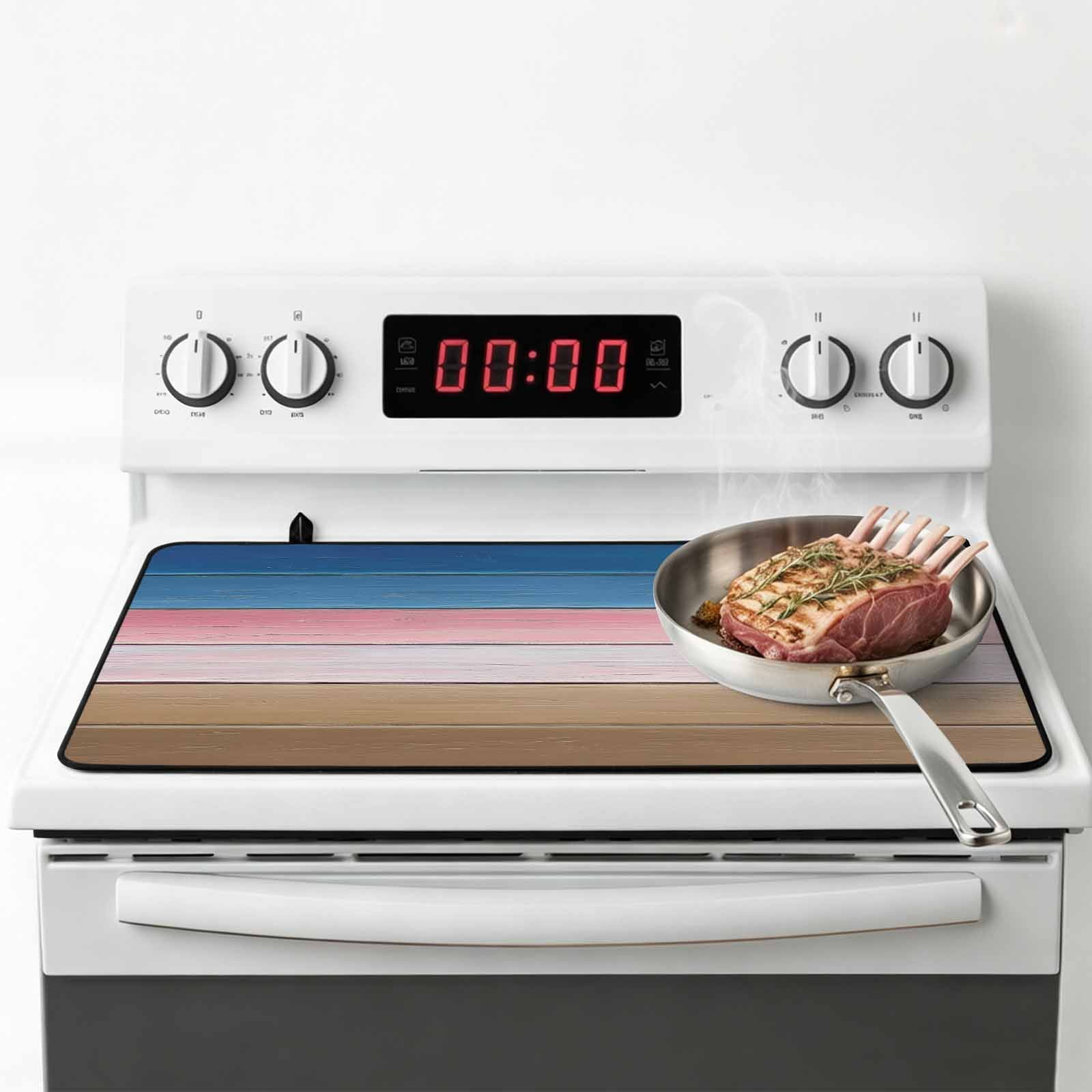Pink Blue Brown Stove Top Cover for Electric Stove, Heat-proof & Non Slip Glass Top Stove Cover Protector, Farmhouse Gradient Wooden Plank Art Kitchen Flat Cooktop Rubber Mat 28.5x20.5 Inches