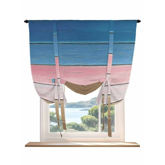 Pink Blue Brown Tie Up Curtains for Windows 63 Inch Length Balloon Curtains Kitchen Adjustable Balloon Window Shade Farmhouse Gradient Wooden Plank Art Tie Up Valance Bathroom Curtain Window 46"x63"