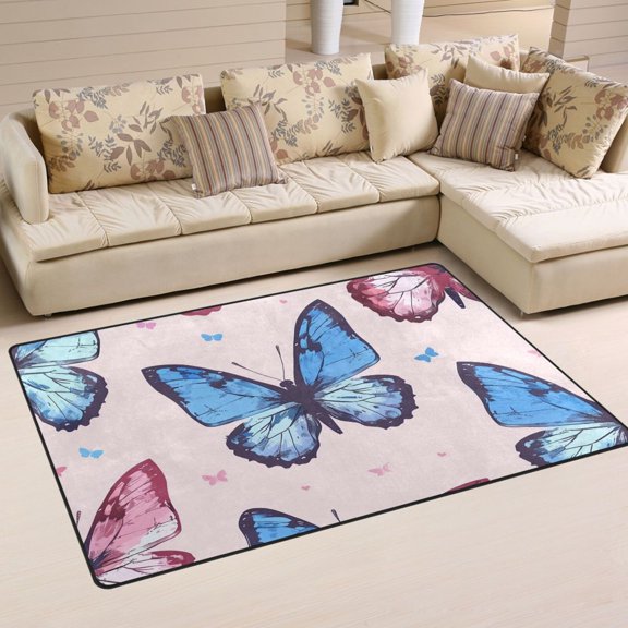 Pink Blue Butterflies Area Rug Washable Floor Carpet Mat 60 x 39 inch for Bedroom Living Room Kids Room Home Decor