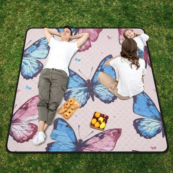 Pink Blue Butterflies Beach Blanket Outdoor Picnic Blanket 78"x 78" Waterproof Foldable for Beach Camping Travel Hiking Grass Lawn Park