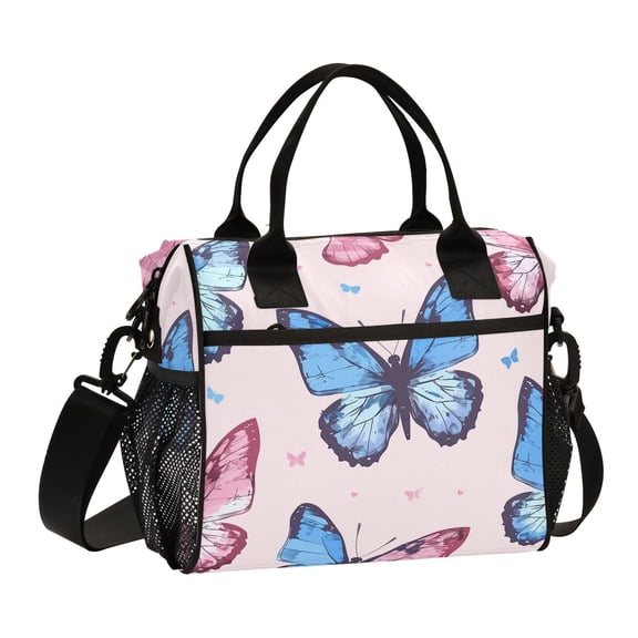 Pink Blue Butterflies Cooler Bag Lunch Bag Soft Cooler Cooling Tote Insulated Lunch Box for Adult Men Women