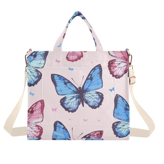 Pink Blue Butterflies Corduroy Tote Bag Handbag Large Messenger Bag Shoulder Crossbody Zipper Bag Purse