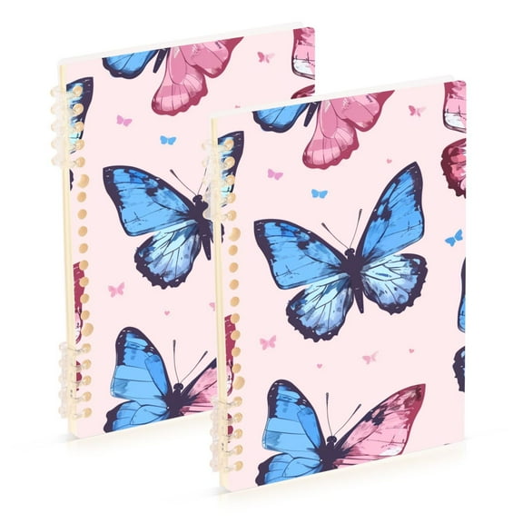 Pink Blue Butterflies Ring Binder Notebook Journey Note Diary College Ruled Spiral Notebook Study Loose Leaf Paper A5 60 Pages