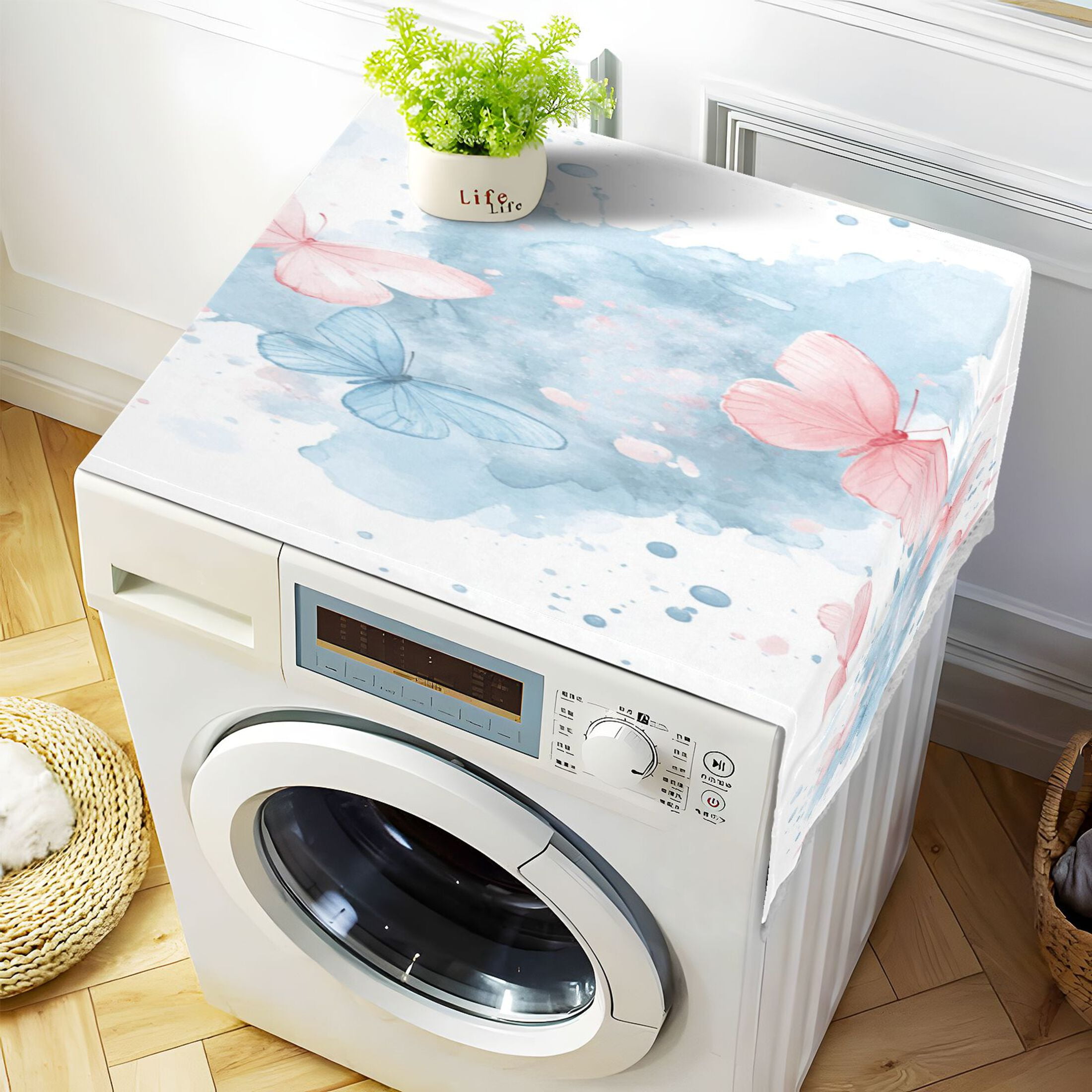 Pink and Blue ButterfliesWasher and Dryer Covers Dust-Proof and Oil Resistant Fridge Cover with 4 Storage Pockets Washing Machine Top Cover for Laundry Kitchen Home 51.2 x 22 In