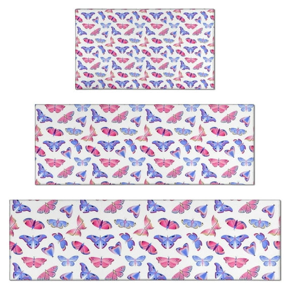Pink Blue Butterfly Pattern Kitchen Rugs Sets Of 3,Kitchen Runner Rugs Non Skid Washable,Decorative Kitchen Floor Mats for Kitchen,Sink,Laundry,17"x30"+ 17"x47" + 17"x59"