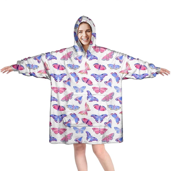 Pink Blue Butterfly Pattern Wearable Oversized Blanket,Wearable Blanket Hoodie for Adults,Cozy Hooded Blankets with Super Pockets,Super Warm Fuzzy Pullover for Women & Men