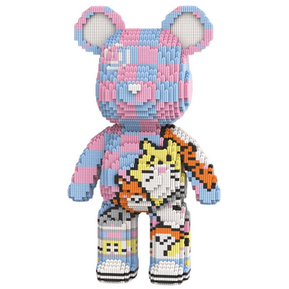 Pink & Blue Cat-Patterned Bear Building Blocks Set, Cute Bear Decor, Gift for Birthdays, Decorative Home Office Table Centerpiece Decor