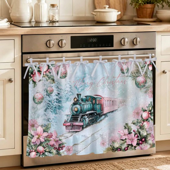 Pink Blue Christmas Oven Skirt Curtain 32"Wx24"L,Waterproof Ruffled Stove Cover Skirt with 8 Ribbon Ties,Xmas Train Snowflake Botanical Decorative Oven Door Curtains for Kitchen Cabinet Storage